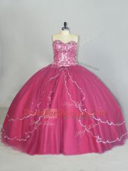 Stunning Beading and Sequins Quinceanera Dress Red Lace Up Sleeveless Brush Train