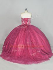 Stunning Beading and Sequins Quinceanera Dress Red Lace Up Sleeveless Brush Train