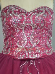 Stunning Beading and Sequins Quinceanera Dress Red Lace Up Sleeveless Brush Train