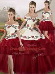 Exquisite Wine Red Sleeveless Tulle Brush Train Lace Up 15th Birthday Dress for Military Ball and Sweet 16 and Quinceanera