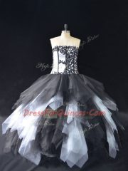 Best White And Black Strapless Lace Up Lace and Ruffles Ball Gown Prom Dress Sleeveless