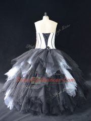 Best White And Black Strapless Lace Up Lace and Ruffles Ball Gown Prom Dress Sleeveless