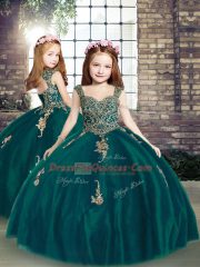Peacock Green Pageant Gowns For Girls Party and Wedding Party with Appliques Straps Sleeveless Lace Up
