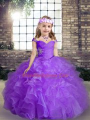 Purple Lace Up Straps Beading Little Girls Pageant Gowns Organza Sleeveless