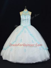 Blue And White Tulle Lace Up Quinceanera Dresses Sleeveless Floor Length Appliques