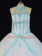 Blue And White Tulle Lace Up Quinceanera Dresses Sleeveless Floor Length Appliques