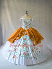 Exceptional Embroidery and Ruffles Ball Gown Prom Dress Gold Lace Up Sleeveless Floor Length