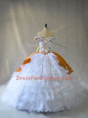 Exceptional Embroidery and Ruffles Ball Gown Prom Dress Gold Lace Up Sleeveless Floor Length