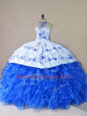 Luxury Royal Blue Ball Gowns Organza Halter Top Sleeveless Embroidery and Ruffles Lace Up Sweet 16 Dresses Court Train