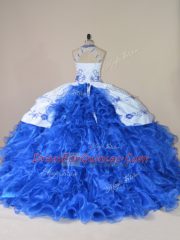 Luxury Royal Blue Ball Gowns Organza Halter Top Sleeveless Embroidery and Ruffles Lace Up Sweet 16 Dresses Court Train