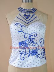 Luxury Royal Blue Ball Gowns Organza Halter Top Sleeveless Embroidery and Ruffles Lace Up Sweet 16 Dresses Court Train