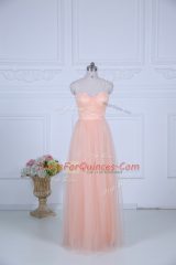 Nice Sleeveless Tulle Floor Length Zipper Quinceanera Court of Honor Dress in Peach with Ruching