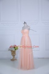 Nice Sleeveless Tulle Floor Length Zipper Quinceanera Court of Honor Dress in Peach with Ruching