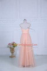 Nice Sleeveless Tulle Floor Length Zipper Quinceanera Court of Honor Dress in Peach with Ruching