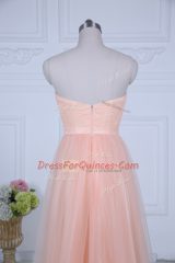 Nice Sleeveless Tulle Floor Length Zipper Quinceanera Court of Honor Dress in Peach with Ruching