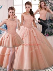 Peach Sleeveless Beading Lace Up Quinceanera Dress