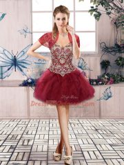 Beading and Ruffles Homecoming Dress Burgundy Lace Up Sleeveless Mini Length