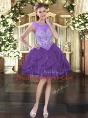 Nice Purple Sleeveless Beading and Ruffles Mini Length Homecoming Dress