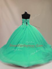 Designer Turquoise Tulle Lace Up Sweetheart Sleeveless Quinceanera Dress Court Train Beading