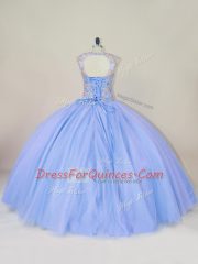 Lavender Tulle Lace Up Scoop Sleeveless Floor Length Sweet 16 Quinceanera Dress Beading