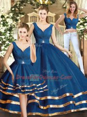 Unique Navy Blue Backless Ball Gown Prom Dress Beading and Ruffled Layers Sleeveless Floor Length