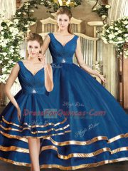 Unique Navy Blue Backless Ball Gown Prom Dress Beading and Ruffled Layers Sleeveless Floor Length