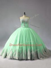 Apple Green Ball Gowns Tulle Sweetheart Sleeveless Appliques Lace Up Sweet 16 Dress Court Train