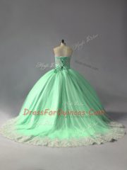 Apple Green Ball Gowns Tulle Sweetheart Sleeveless Appliques Lace Up Sweet 16 Dress Court Train