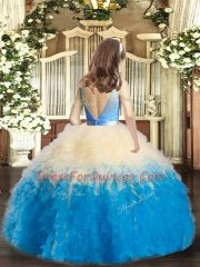 Custom Designed Multi-color Ball Gowns Lace and Ruffles Child Pageant Dress Backless Tulle Sleeveless Floor Length