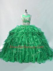 Elegant Green Two Pieces Beading and Ruffles 15th Birthday Dress Organza Sleeveless