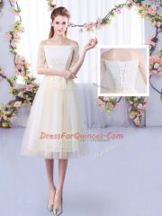 Tulle Off The Shoulder Half Sleeves Lace Up Lace Vestidos de Damas in Champagne