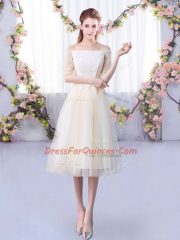 Tulle Off The Shoulder Half Sleeves Lace Up Lace Vestidos de Damas in Champagne
