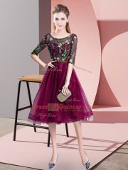 Hot Sale Fuchsia Half Sleeves Tulle Lace Up Dama Dress for Quinceanera for Wedding Party
