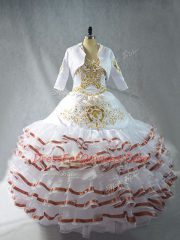 Custom Designed Embroidery and Ruffled Layers Quinceanera Gowns White Lace Up Sleeveless Floor Length