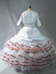 Custom Designed Embroidery and Ruffled Layers Quinceanera Gowns White Lace Up Sleeveless Floor Length