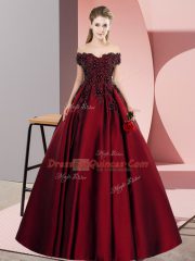 Deluxe A-line Sweet 16 Dresses Wine Red Off The Shoulder Satin Sleeveless Floor Length Zipper