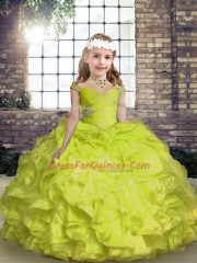Beading and Ruffles and Ruching Pageant Dress for Teens Yellow Green Lace Up Sleeveless Floor Length