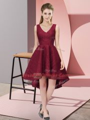 Burgundy Sleeveless Lace High Low Damas Dress