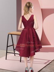 Burgundy Sleeveless Lace High Low Damas Dress