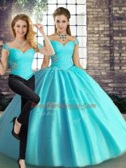 Off The Shoulder Sleeveless Lace Up Quinceanera Dresses Aqua Blue Tulle