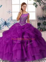 Custom Fit Sleeveless Beading and Pick Ups Zipper Sweet 16 Quinceanera Dress with Purple Brush Train