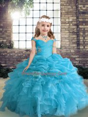 Blue Ball Gowns Organza Straps Sleeveless Beading and Ruffles and Pick Ups Floor Length Lace Up Kids Formal Wear