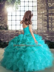 Blue Ball Gowns Organza Straps Sleeveless Beading and Ruffles and Pick Ups Floor Length Lace Up Kids Formal Wear