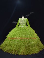Luxurious Olive Green Ball Gowns Organza V-neck Long Sleeves Ruffled Layers Floor Length Lace Up 15 Quinceanera Dress
