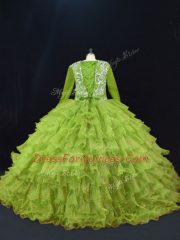 Luxurious Olive Green Ball Gowns Organza V-neck Long Sleeves Ruffled Layers Floor Length Lace Up 15 Quinceanera Dress