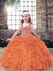 Admirable Orange Red Ball Gowns Tulle Straps Sleeveless Beading and Ruffles Floor Length Lace Up Little Girls Pageant Gowns