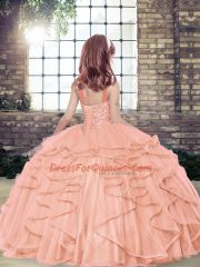 Admirable Orange Red Ball Gowns Tulle Straps Sleeveless Beading and Ruffles Floor Length Lace Up Little Girls Pageant Gowns