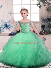 Apple Green Lace Up Little Girls Pageant Dress Beading and Ruffles Sleeveless Floor Length