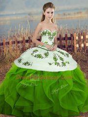 Green Sweetheart Lace Up Embroidery and Ruffles and Bowknot Ball Gown Prom Dress Sleeveless