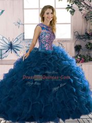 Excellent Royal Blue Scoop Neckline Beading and Ruffles Sweet 16 Dress Sleeveless Lace Up